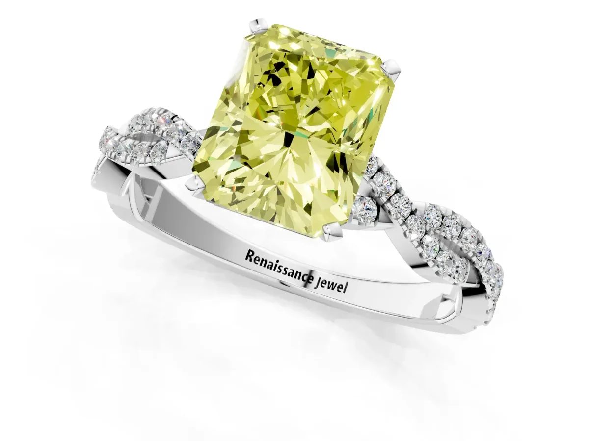 Fancy Yellow Radiant Cut Solitaire Twisted Pave Band with Four-Prong Setting Platinum