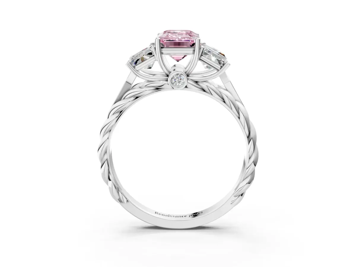 Fancy Pink Three-Stone Emerald Cut Diamond Braided Band Ring with Four-Prong Setting Silver