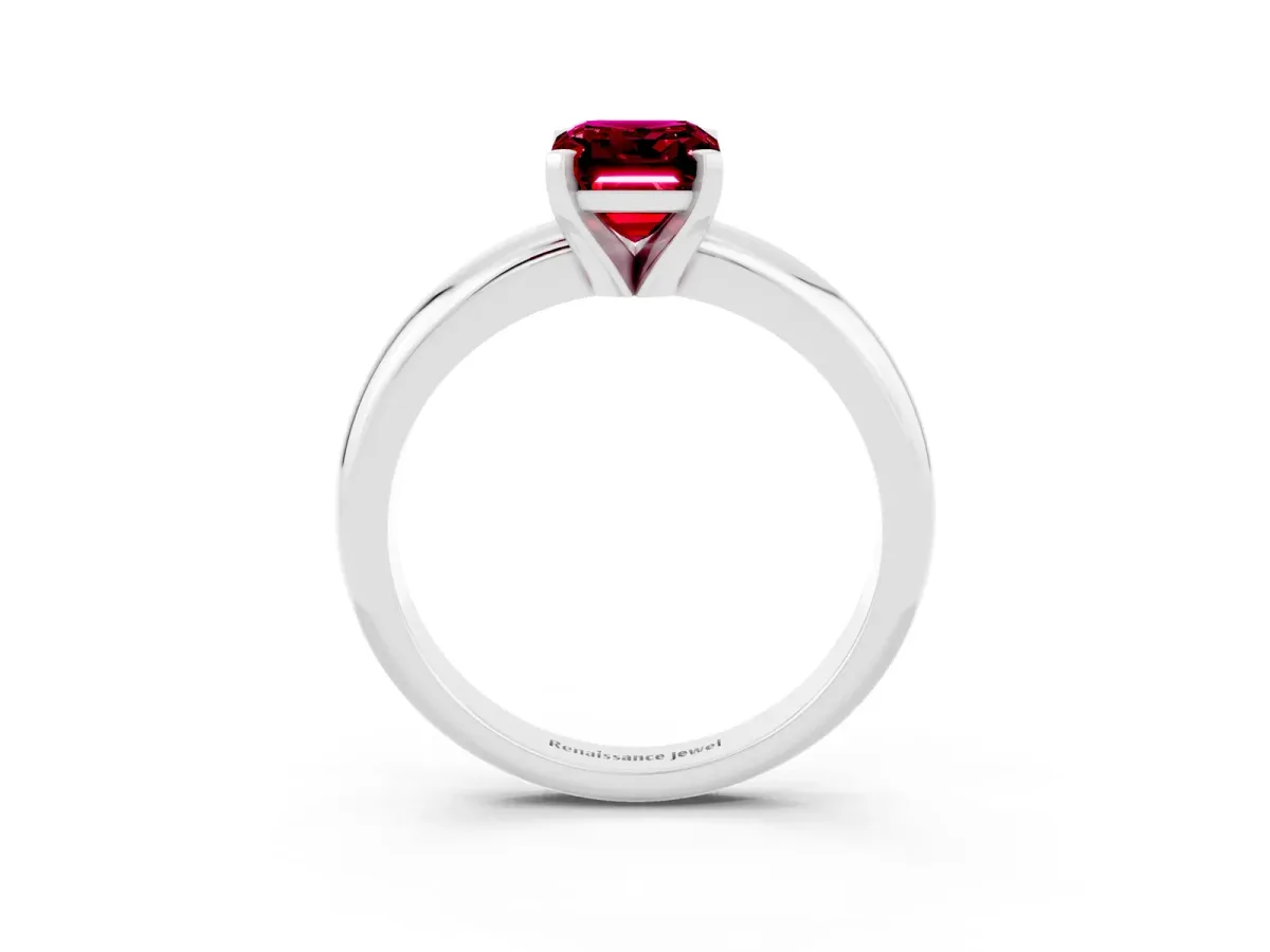 Emerald Cut Garnet Solitaire Engagement Ring with Round Band and Four-Prong Setting Silver