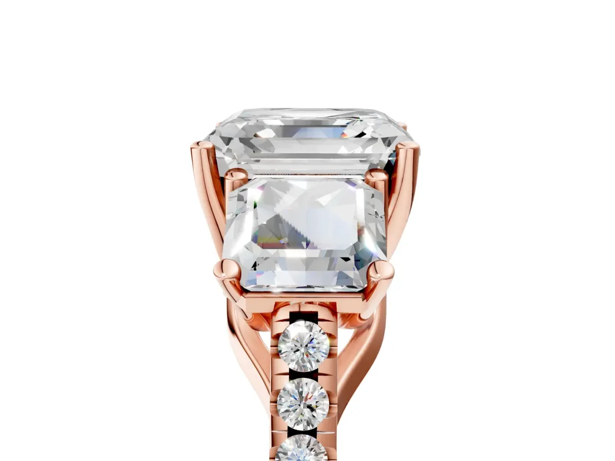 Three-Stone Asscher Cut Diamond Ring with Round Pavé Band and Prong Setting Rose gold