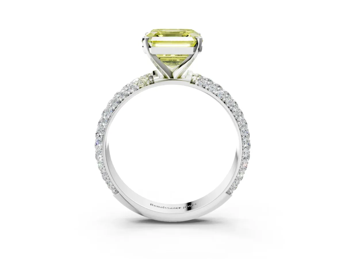 Fancy Yellow Asscher Cut Diamond Solitaire Ring with Prong Setting and Pavé Band Platinum