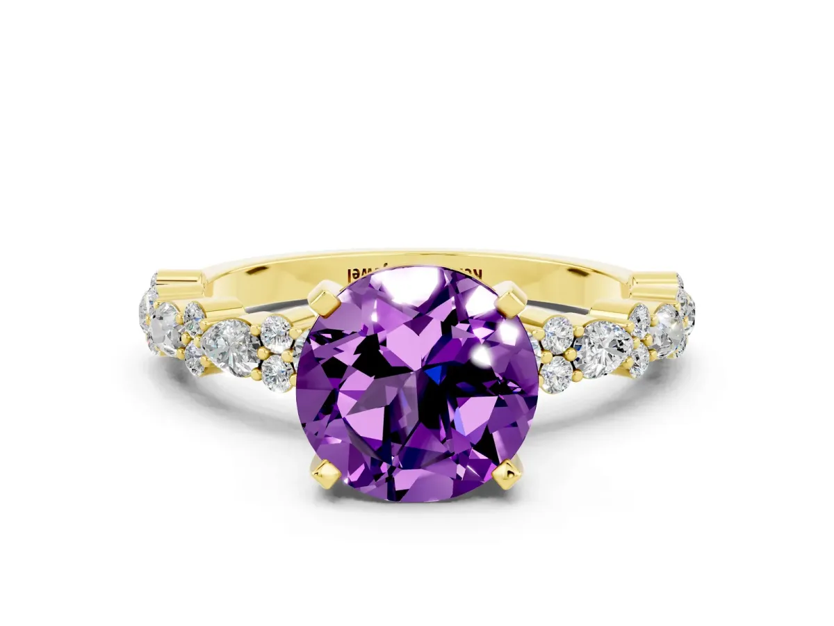 Round Cut Amethyst Side Stone Solitaire Ring with Round and Four-Prong Setting Yellow gold