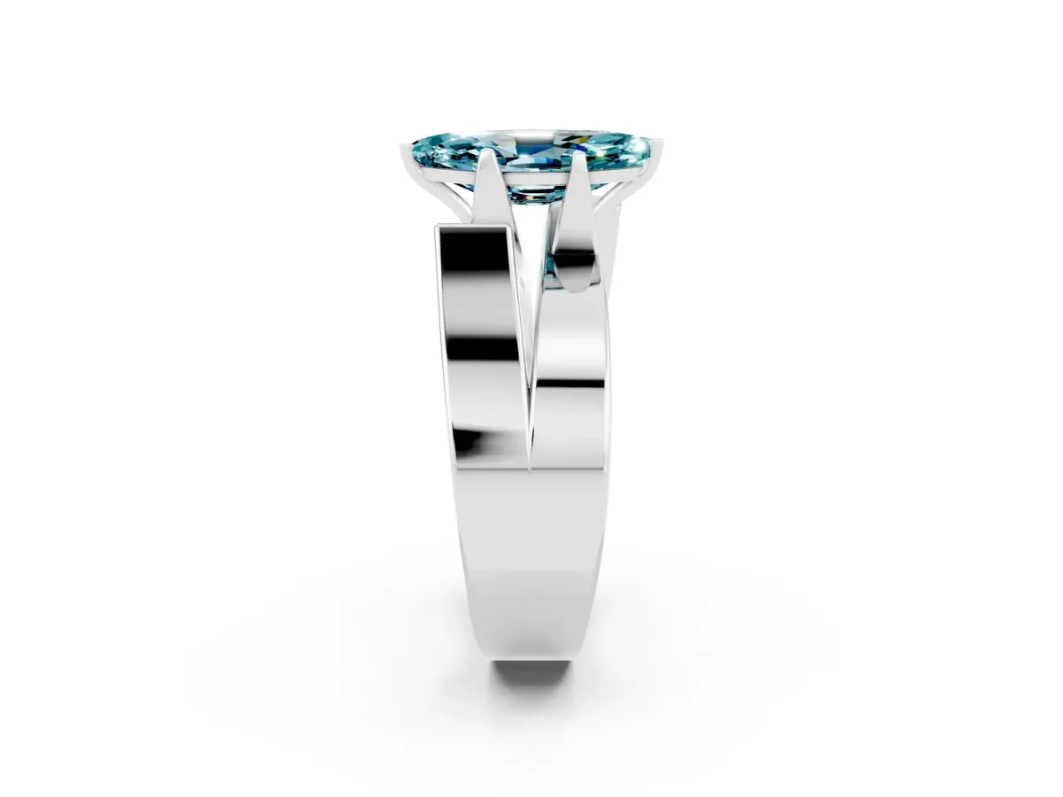 Modern Tension Set Marquise Cut Blue Topaz Solitaire Wide Band Ring Silver