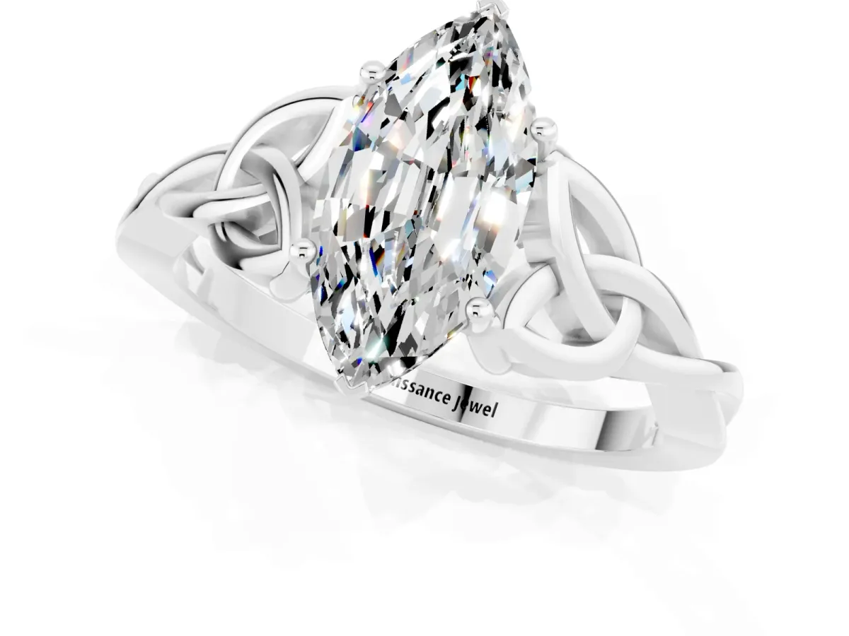 Marquise Cut Moissanite Solitaire Celtic Knot Ring with Four-Prong Setting White gold