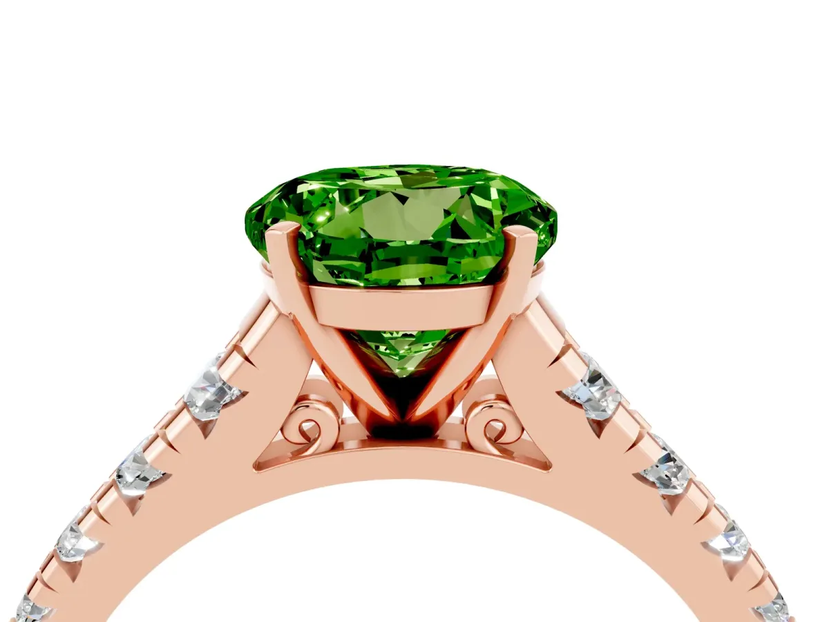 Round Cut Peridot Cathedral Solitaire Ring with Round Pavé Band Rose gold