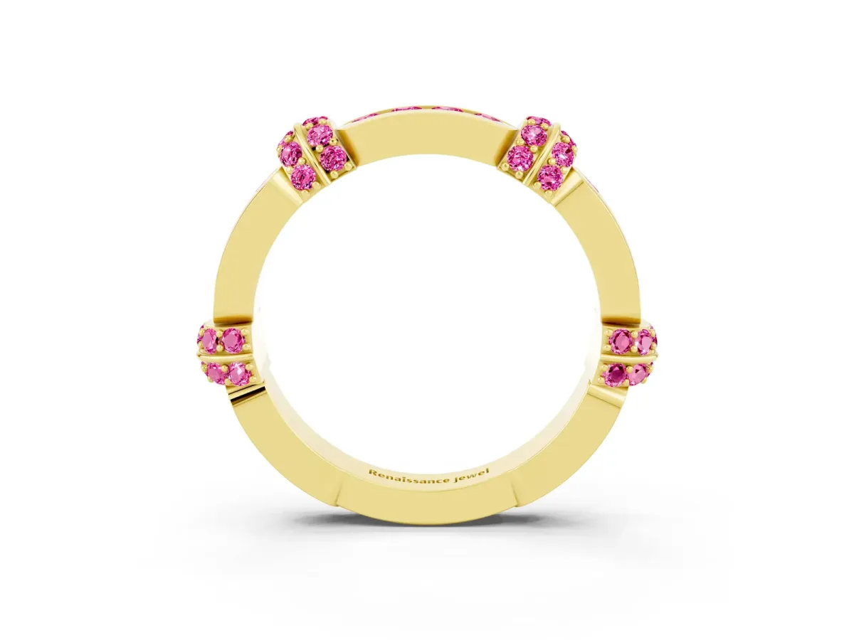 Pavé Round Pink Sapphire Link Band with Bezel Setting Yellow gold