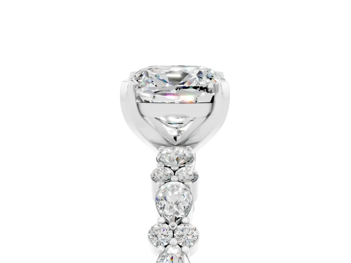 Cushion Cut Moissanite Side Stone Solitaire Ring with Round and Four-Prong Setting Platinum