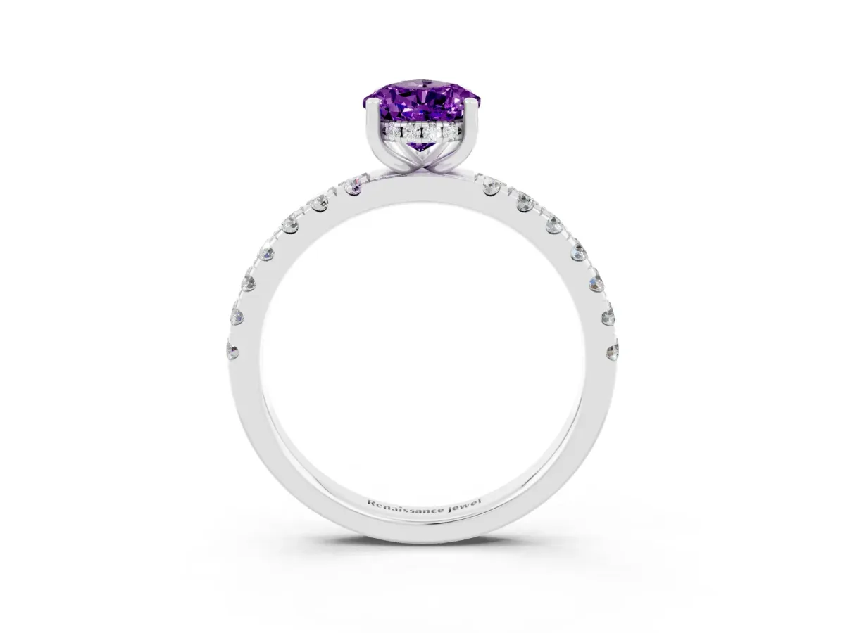 Pear Cut Amethyst Pave Band Solitaire Ring with Round and Prong Setting White gold