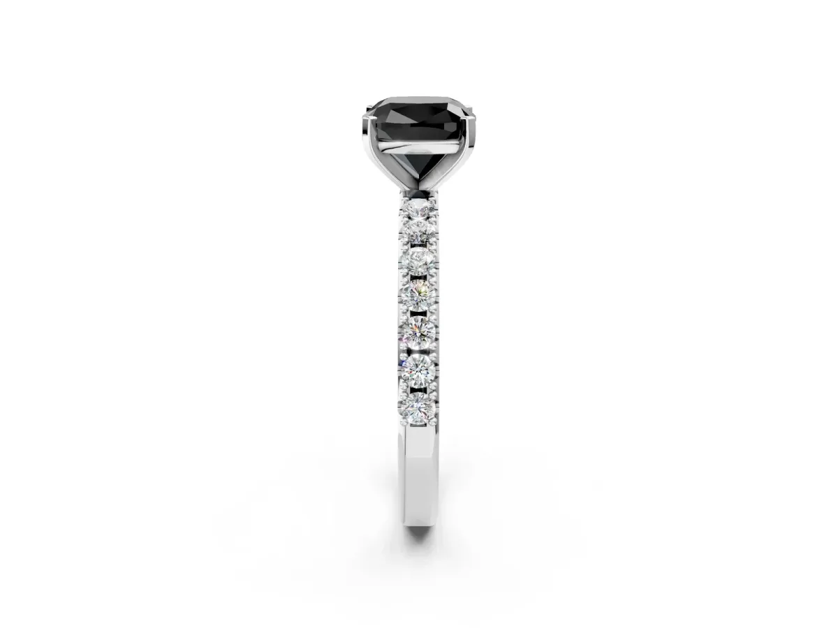 Fancy Black Cushion Cut Diamond Solitaire Pavé Band with Four-Prong Setting Silver