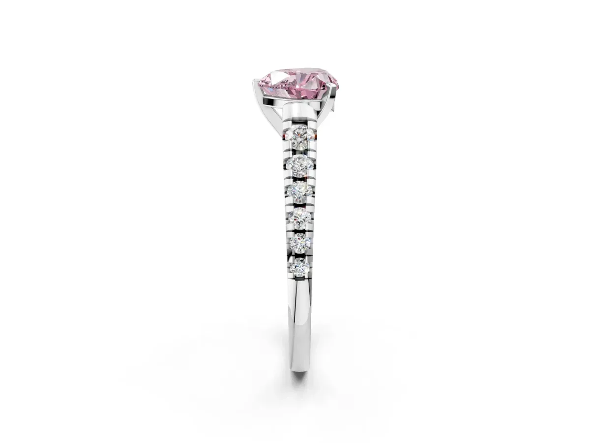 Fancy Pink Heart Cut Diamond Cathedral Solitaire Ring with Round Pavé Band Silver