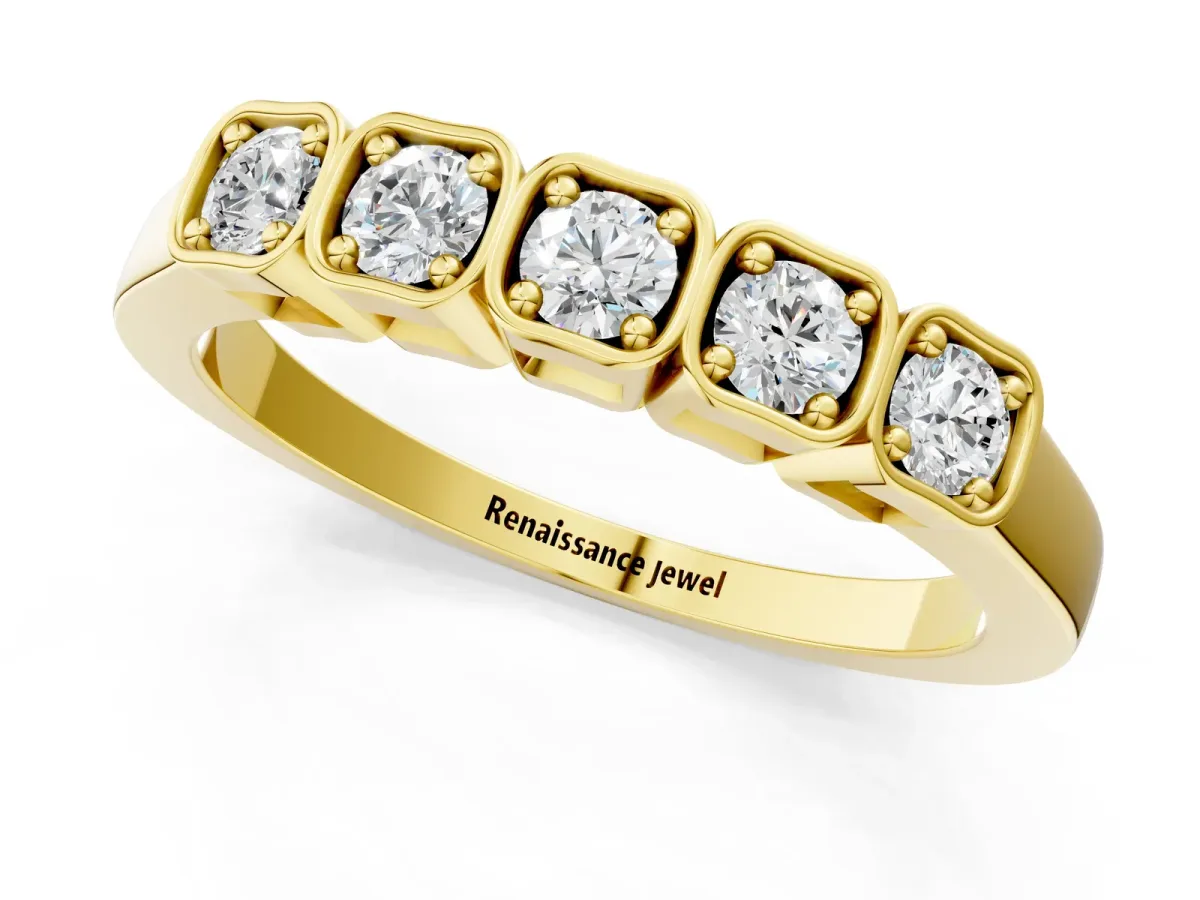 Five-Stone Round Diamond Bezel Set White Gold Band Yellow gold