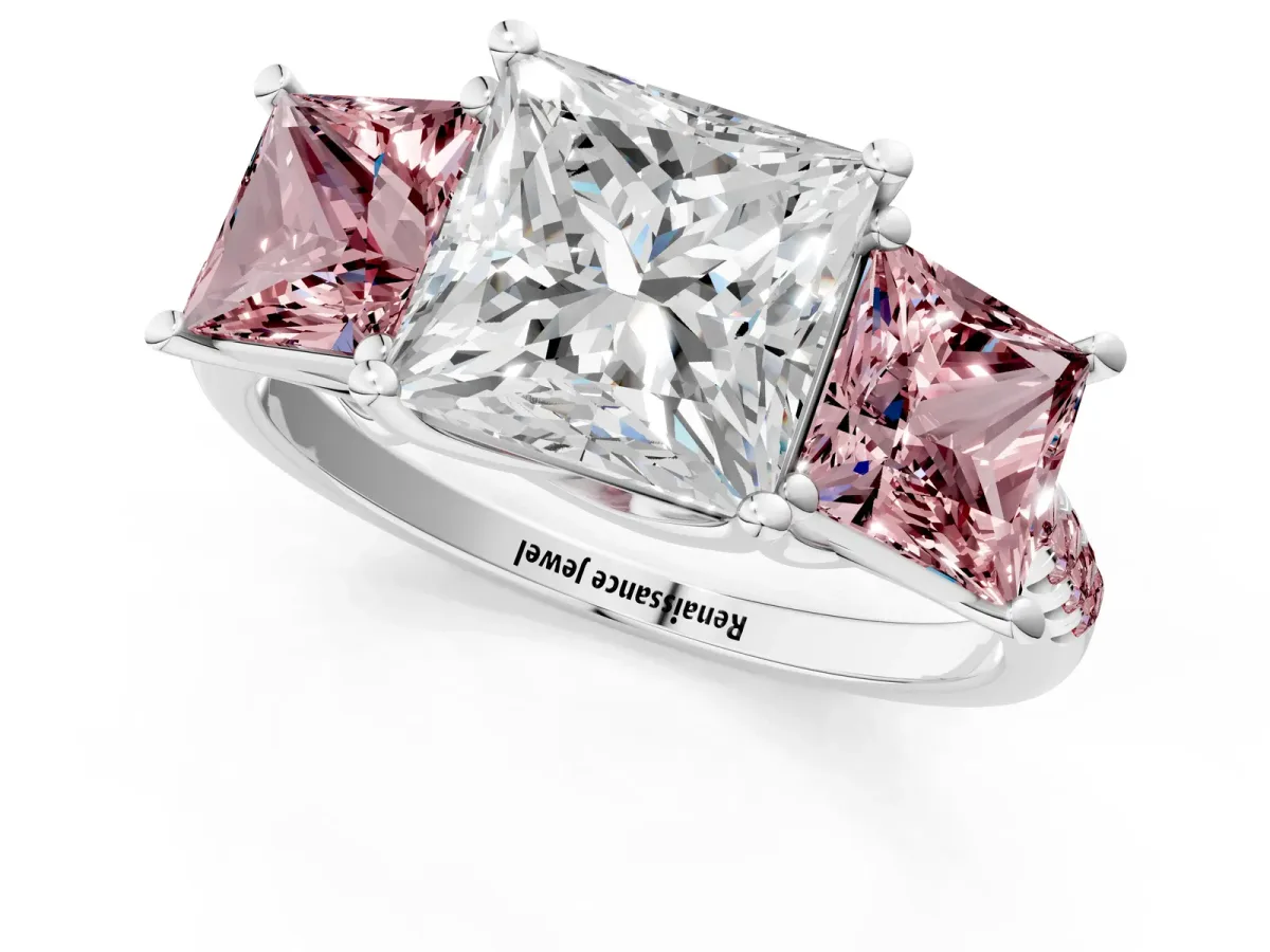 Three-Stone Princess Cut Diamond Ring with Round Morganite Pavé Band and Prong Setting Silver