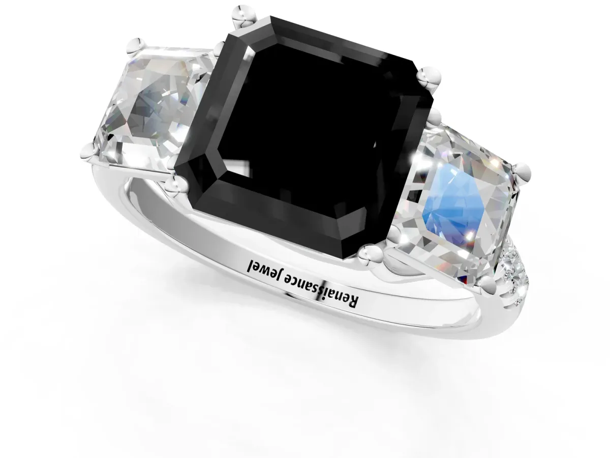 Fancy Black Three-Stone Asscher Cut Diamond Ring with Round Pavé Band and Prong Setting White gold