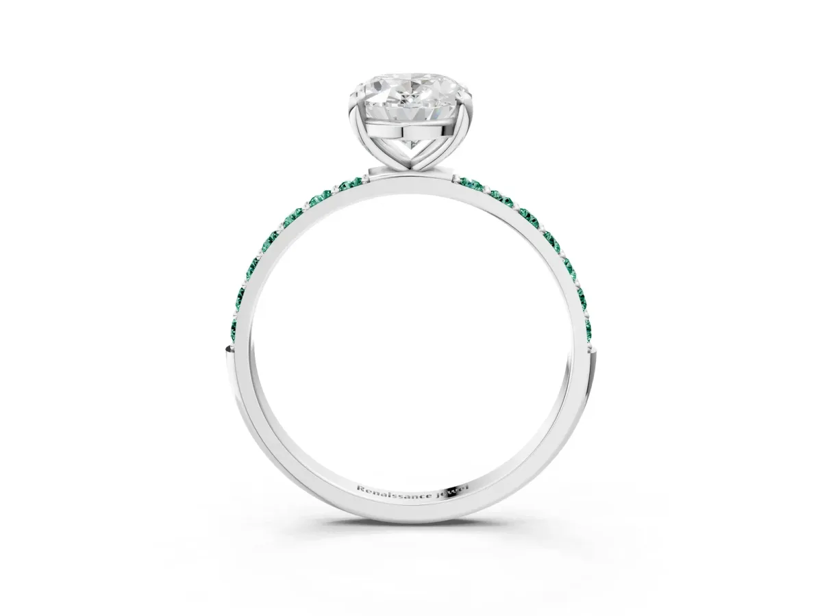 Oval Cut Diamond Solitaire Ring with Round Green Sapphire Pavé Band and Prong Setting Silver