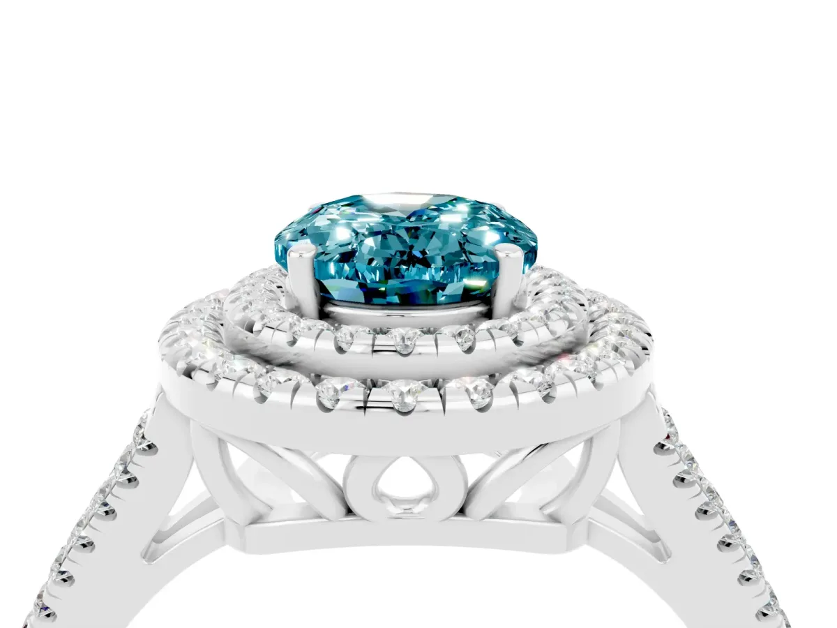 Oval Cut Blue Topaz Double Halo Ring with Pavé Band and Prong Setting Silver