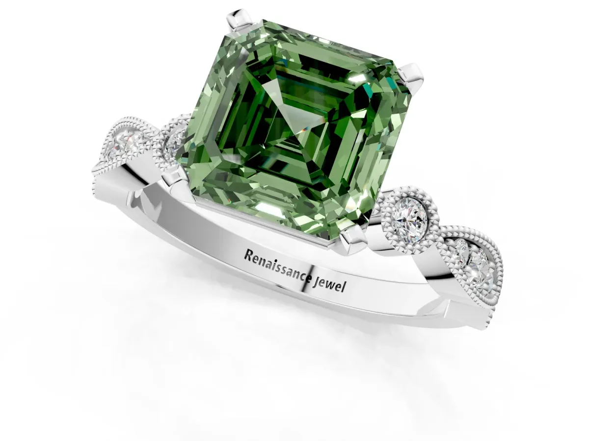 Fancy Green Asscher Cut Milgrain Bezel Diamond Engagement Ring with Solitaire Prong Setting Platinum
