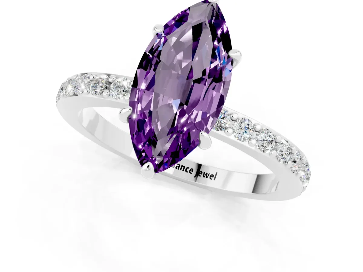 Marquise Cut Amethyst Solitaire Engagement Ring with Pavé Band and Four-Prong Setting Silver
