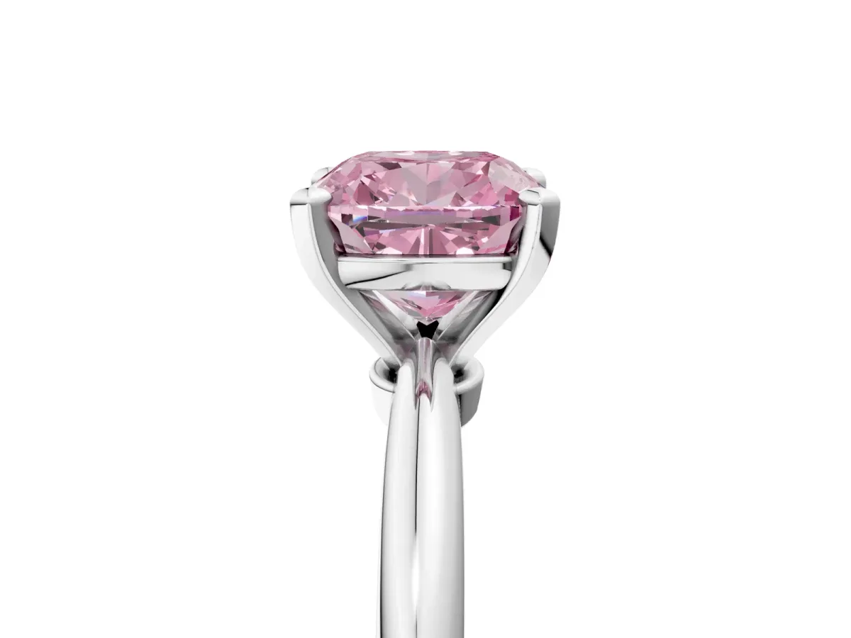 Fancy Pink Cushion Cut Diamond Solitaire Ring with Six-Prong Setting and Classic Band Silver