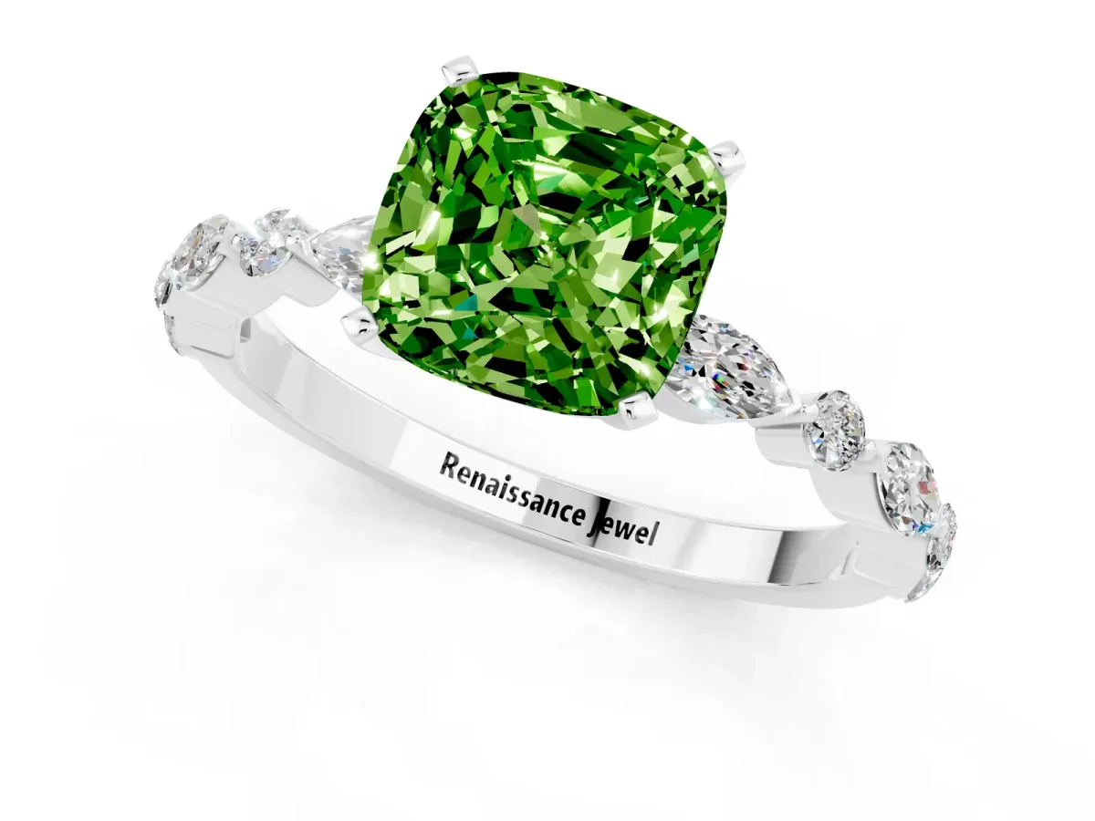 Cushion Cut Peridot Ring with Marquise and Round Side Stones and Four-Prong Setting Silver