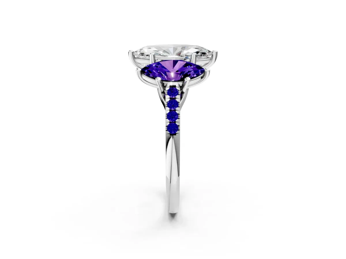 Three-Stone Marquise Cut Diamond Ring with Round Tanzanite Pavé Band and Prong Setting Silver
