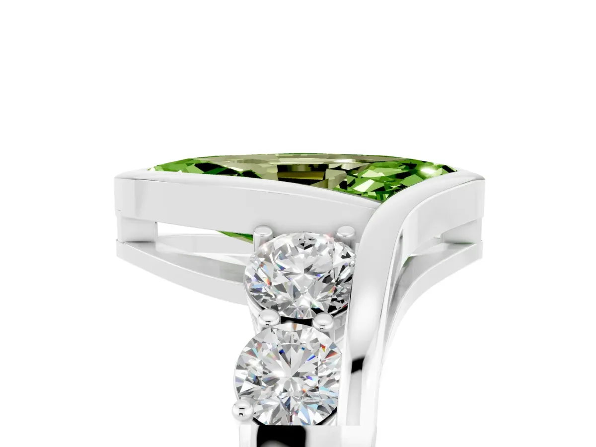 Bezel Set Marquise Cut Peridot Bypass Ring with Round Accents Platinum