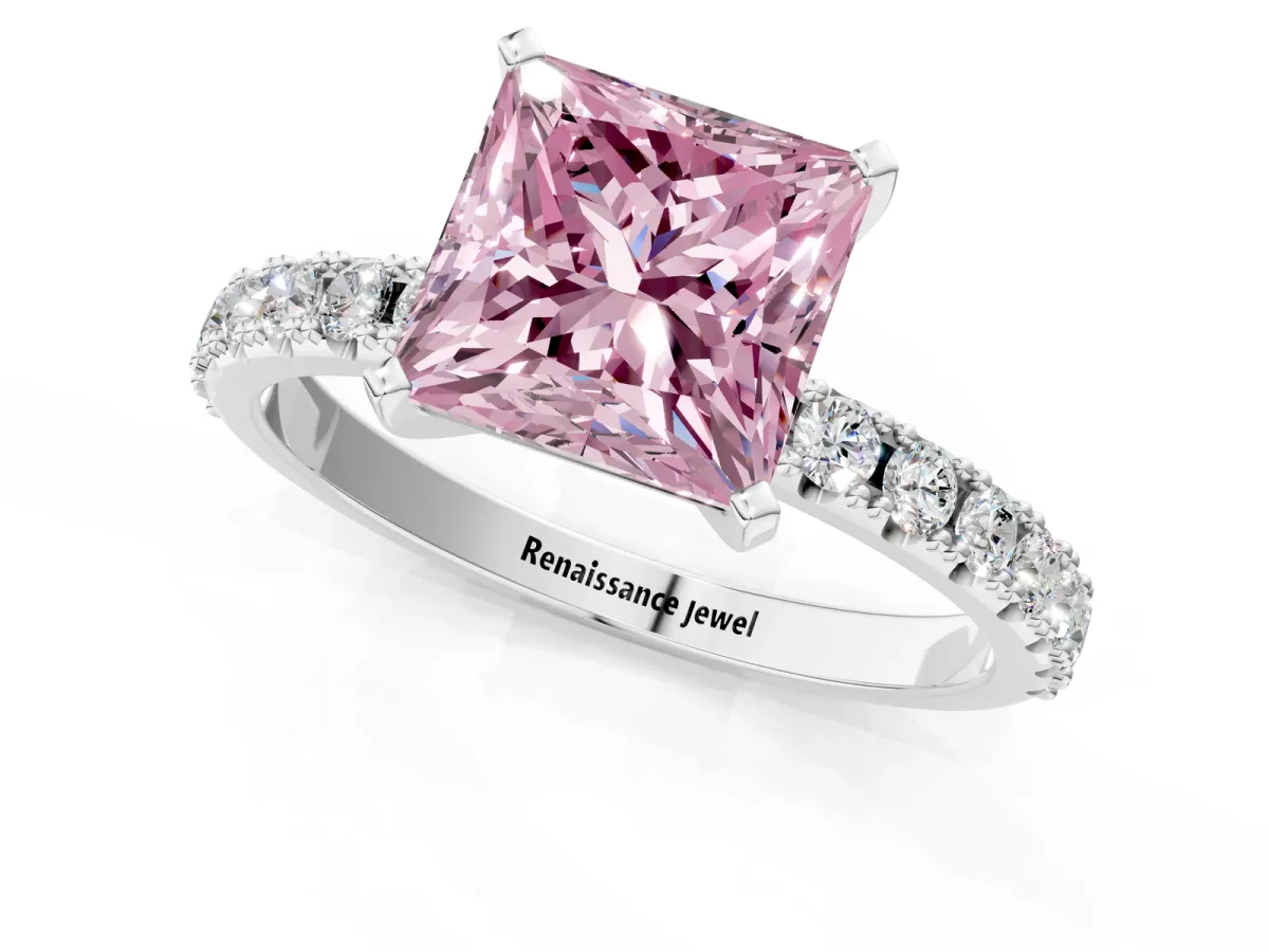 Fancy Pink Princess Cut Diamond Solitaire Pavé Band with Four-Prong Setting Silver