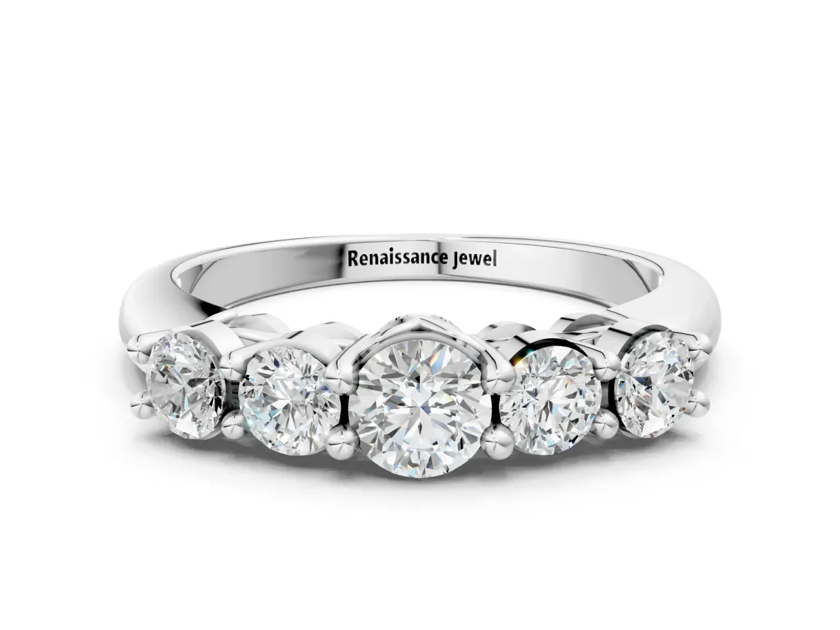 Five-Stone Round Brilliant Diamond Prong Set White Gold Band Silver