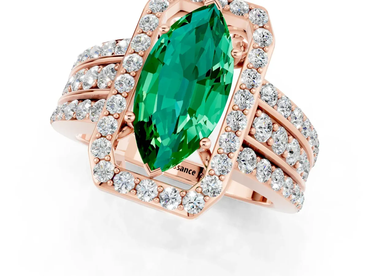 Marquise Cut Halo Emerald Ring with Round Split Shank and Prong Setting Rose gold