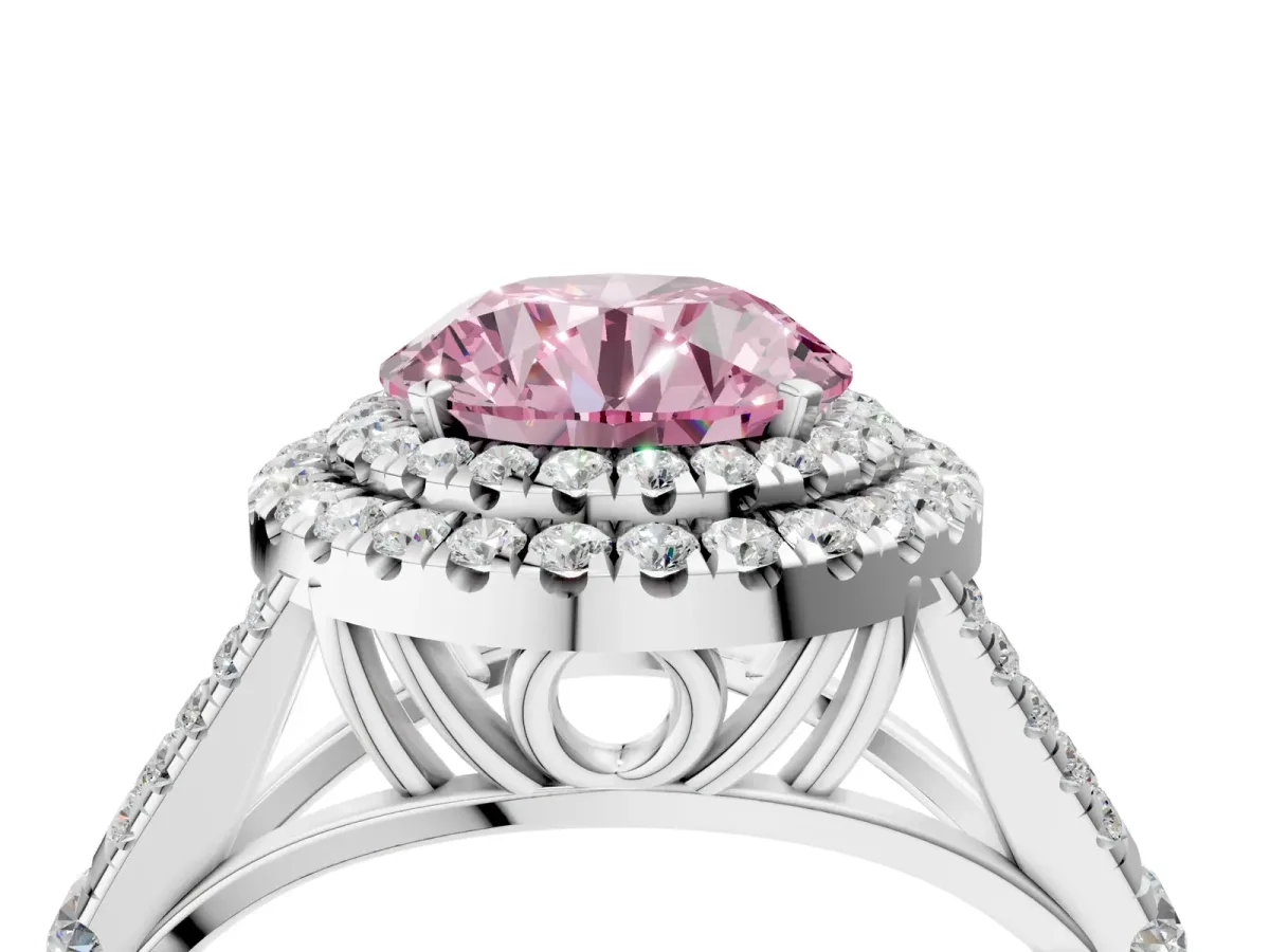 Fancy Pink Double Halo Round Cut Diamond Split Shank Engagement Ring with Four-Prong Setting White gold
