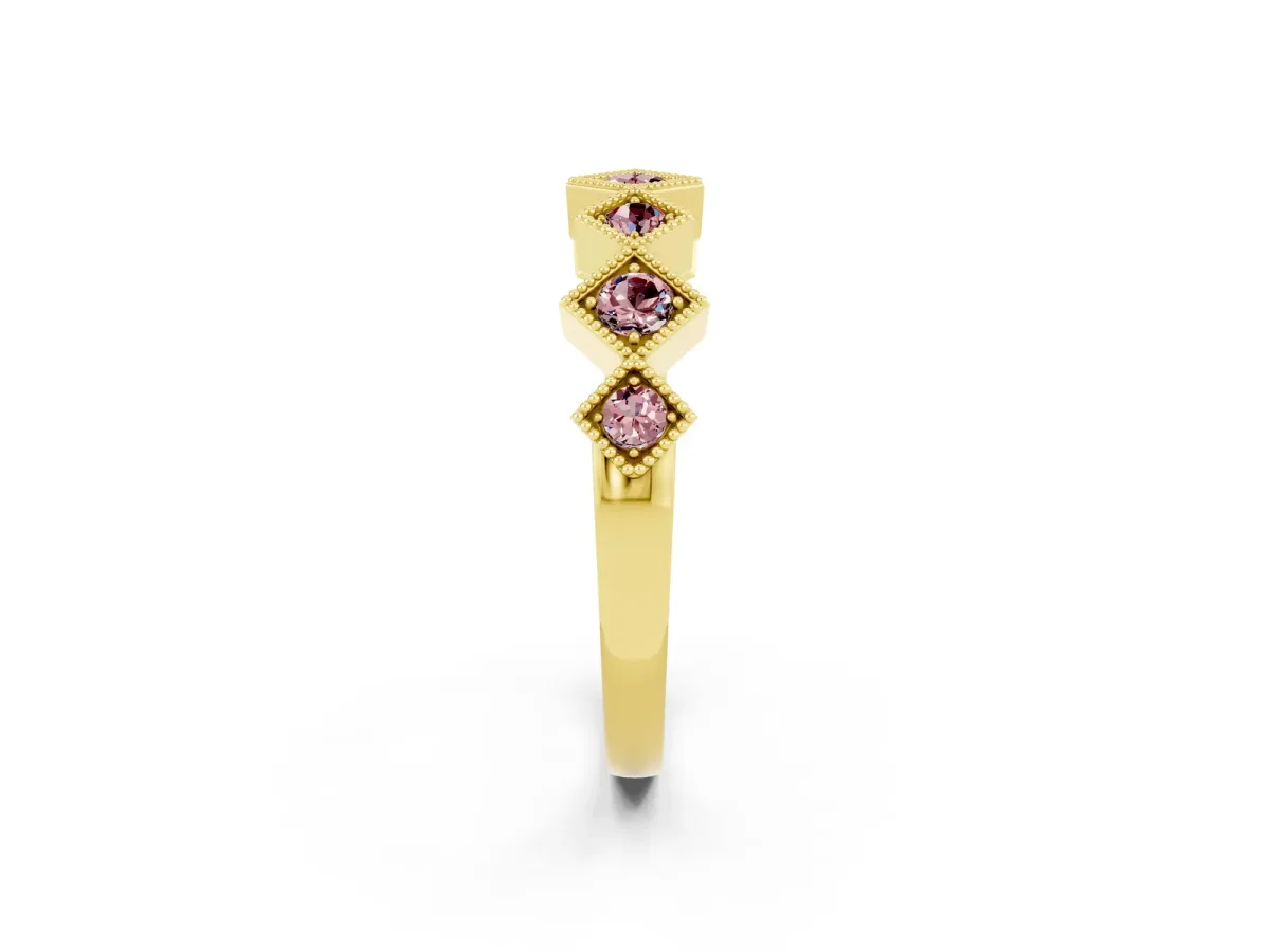 Milgrain Square Bezel Round Morganite Chevron Band Yellow gold