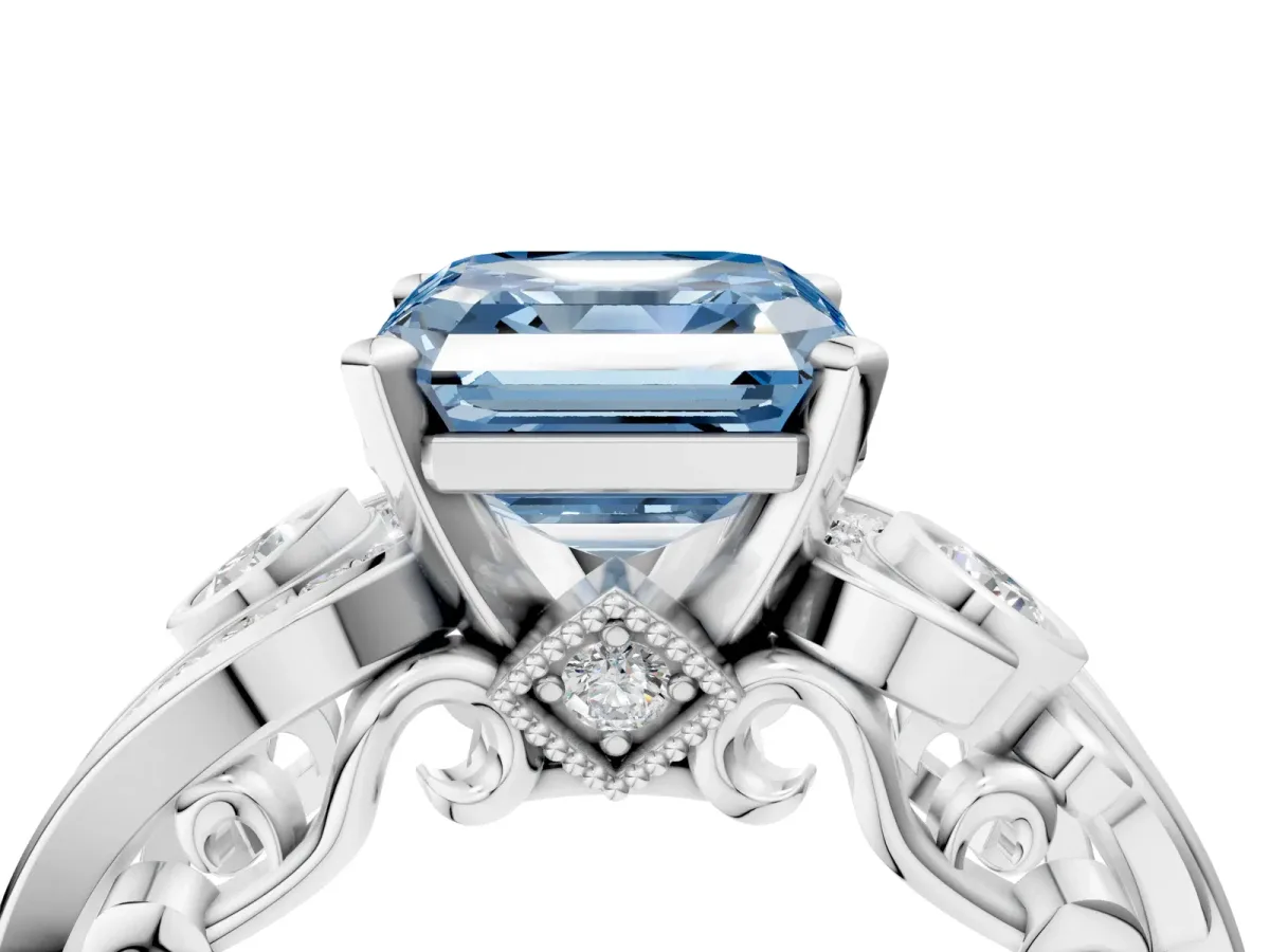 Fancy Blue Asscher Cut Diamond Solitaire Ring with Milgrain Pavé Band and Four-Prong Setting Silver