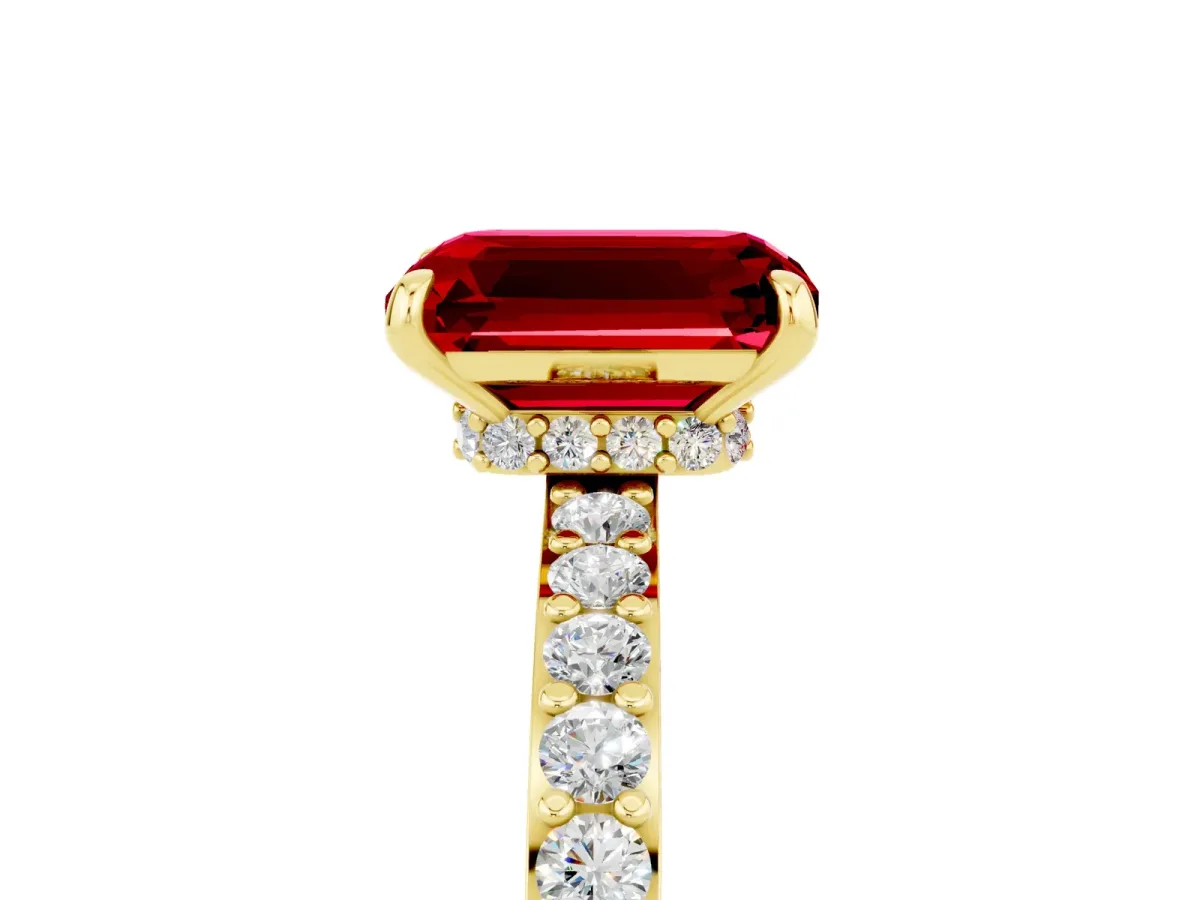 Emerald Cut Ruby Solitaire Engagement Ring with Pavé Band and Four-Prong Setting Yellow gold