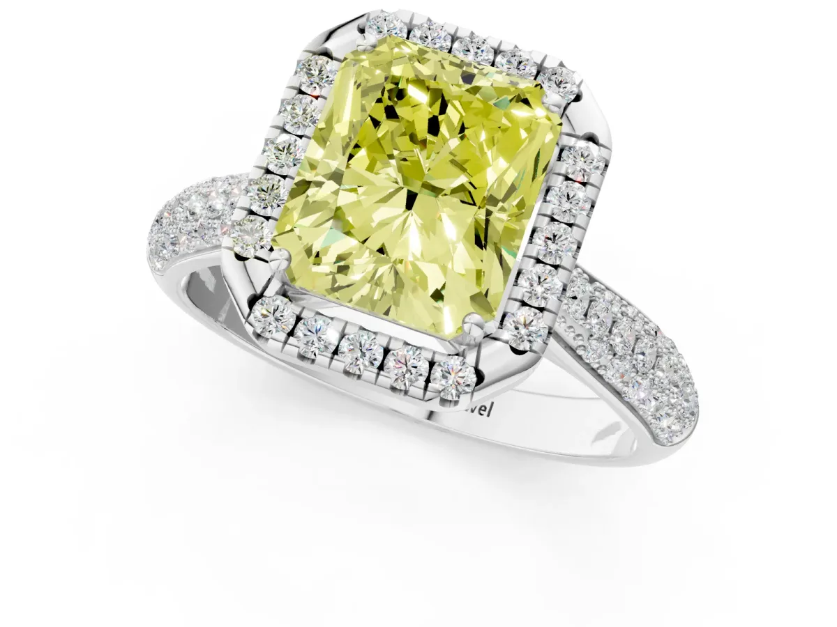 Fancy Yellow Radiant Cut Cut Halo Pave Band Four-Prong Setting Ring Platinum