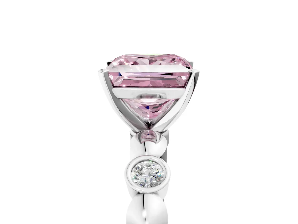 Fancy Pink Princess Cut Solitaire Bezel-Set Diamond Ring with Beaded Band and Four-Prong Setting Silver