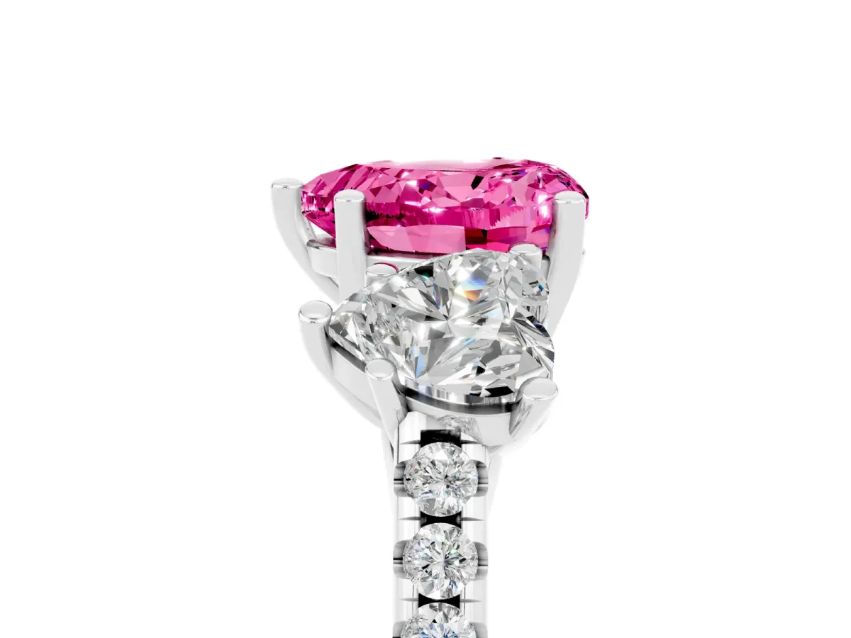 Three-Stone Heart Cut Pink Sapphire Ring with Round Pavé Band and Prong Setting Silver