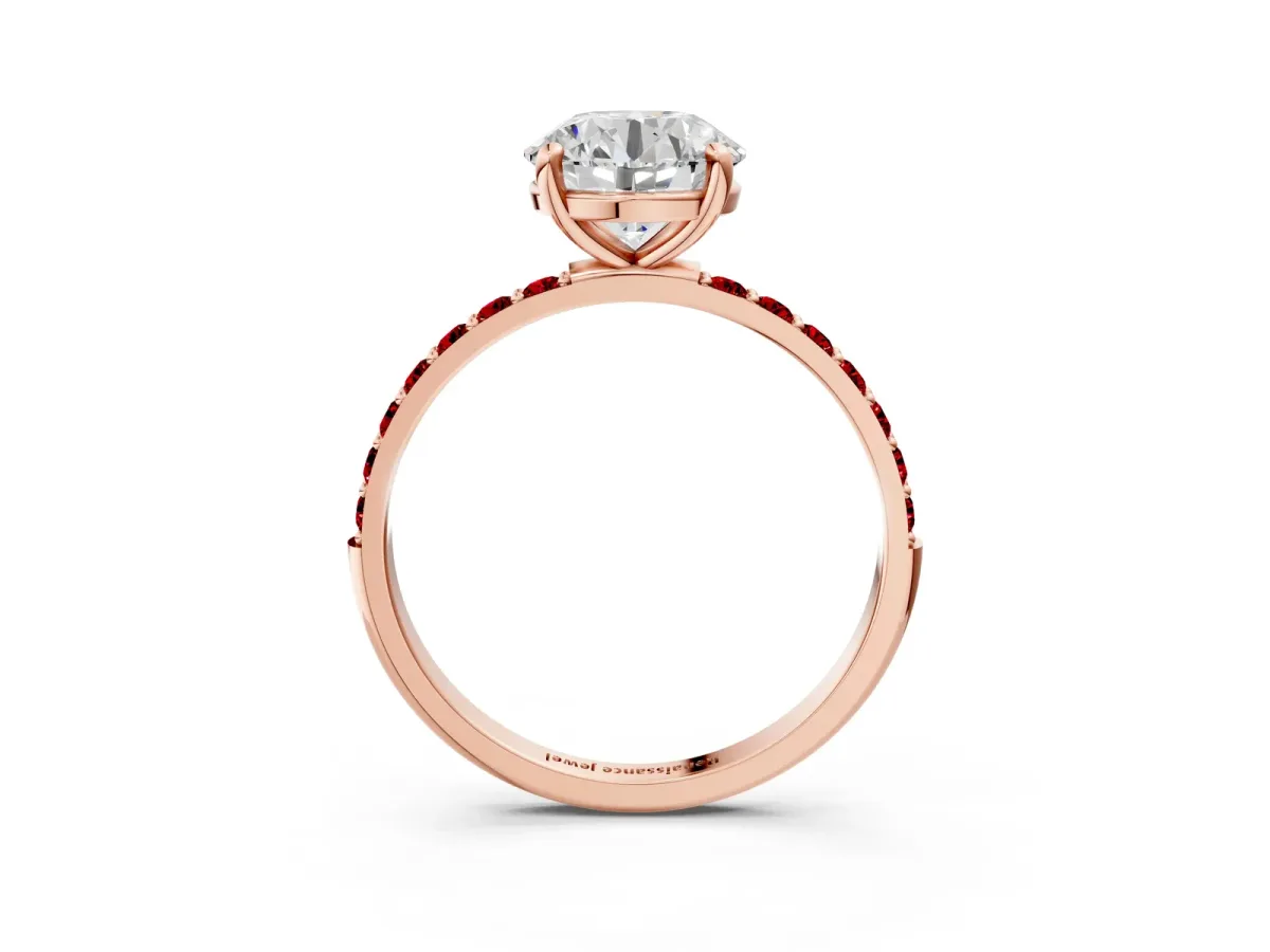 Round Cut Diamond Solitaire Ring with Round Ruby Pavé Band and Prong Setting Rose gold