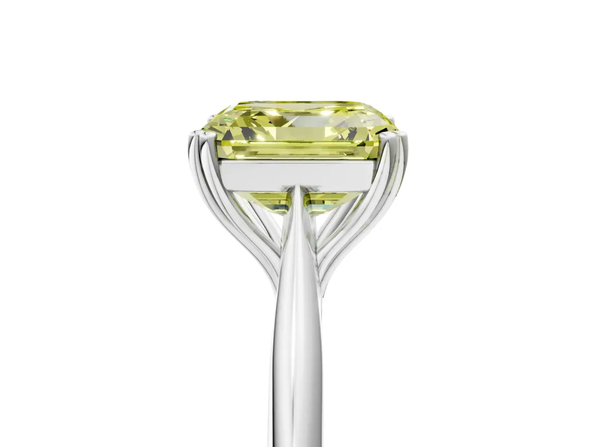 Fancy Yellow Asscher Cut Solitaire Diamond Ring with Six-Prong Setting and Classic Band Platinum