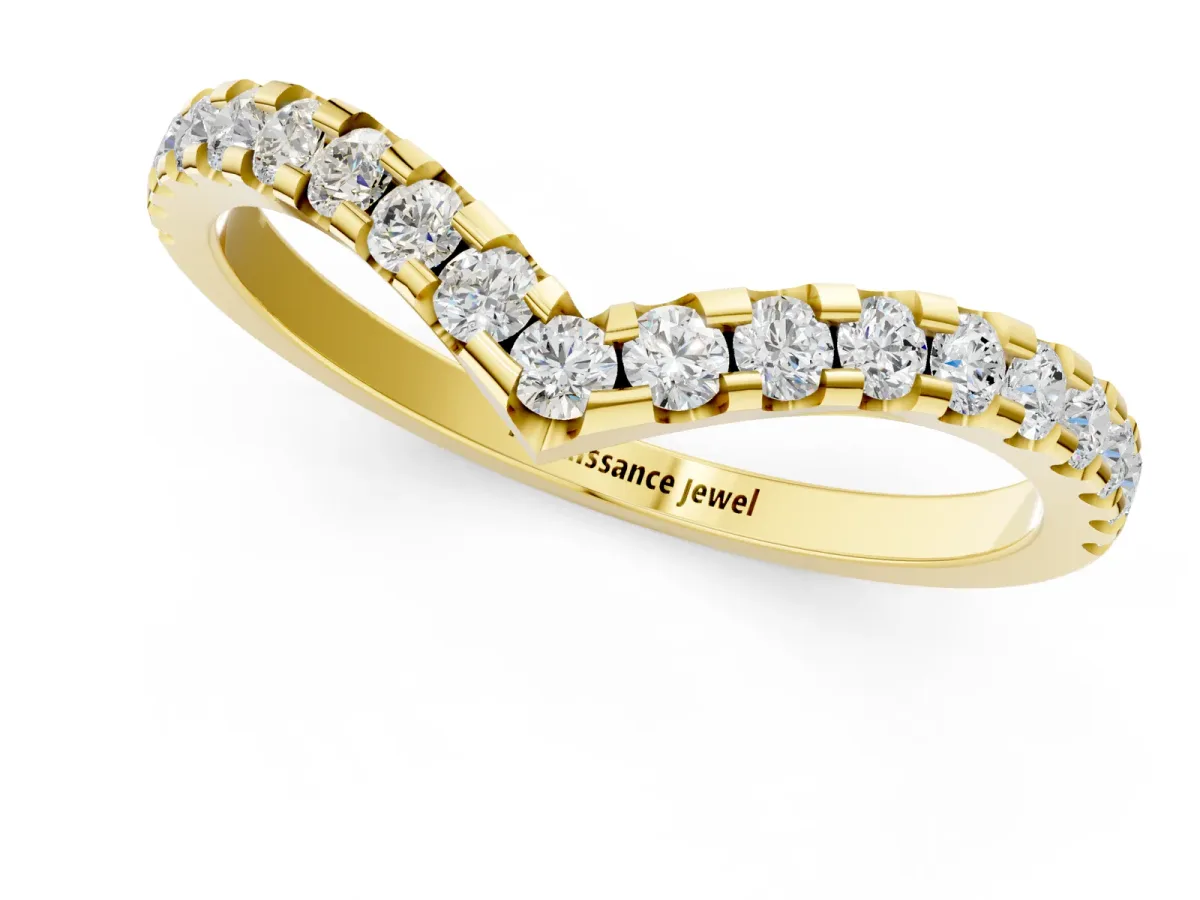 Pavé Round Diamond Chevron Band with Shared Prong Setting Yellow gold