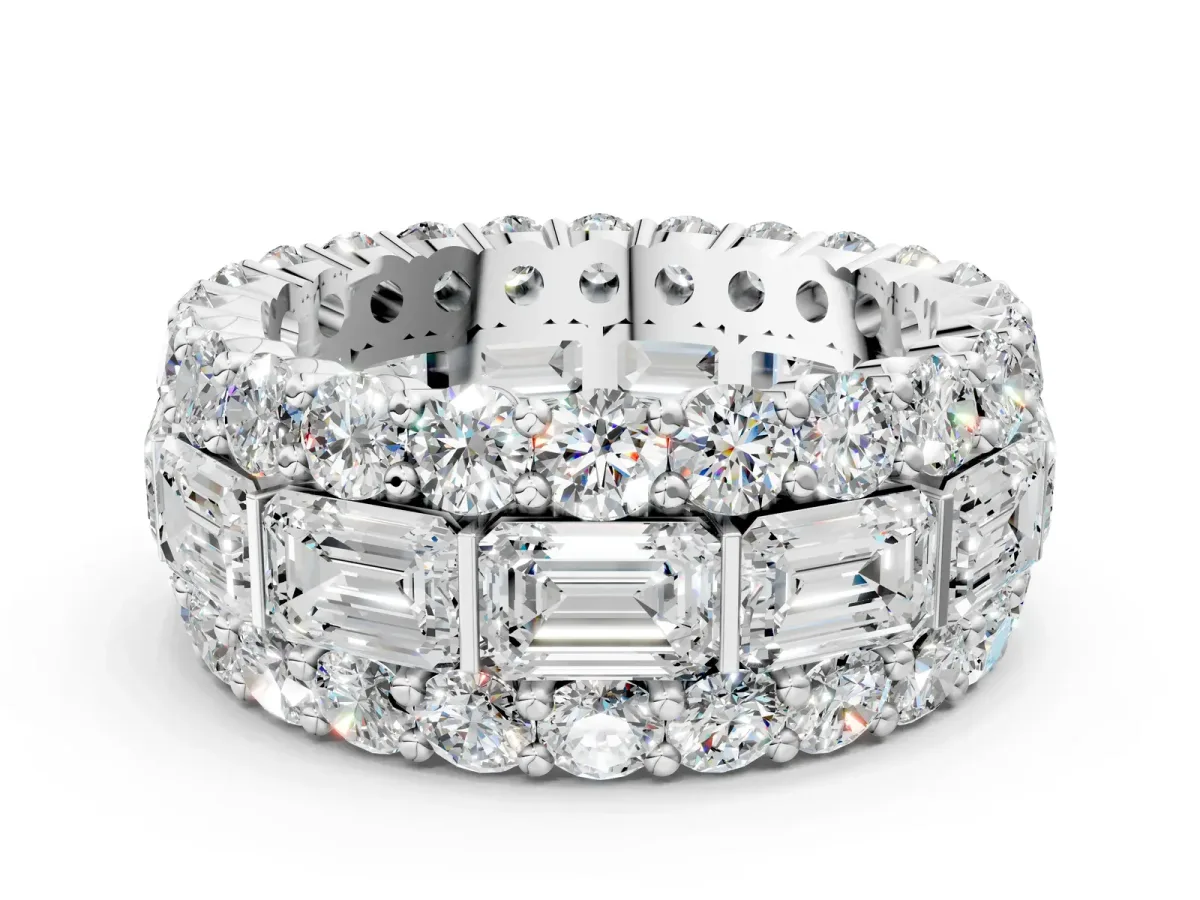 Emerald Cut and Round Diamond Three-Row Eternity Mens Band Platinum
