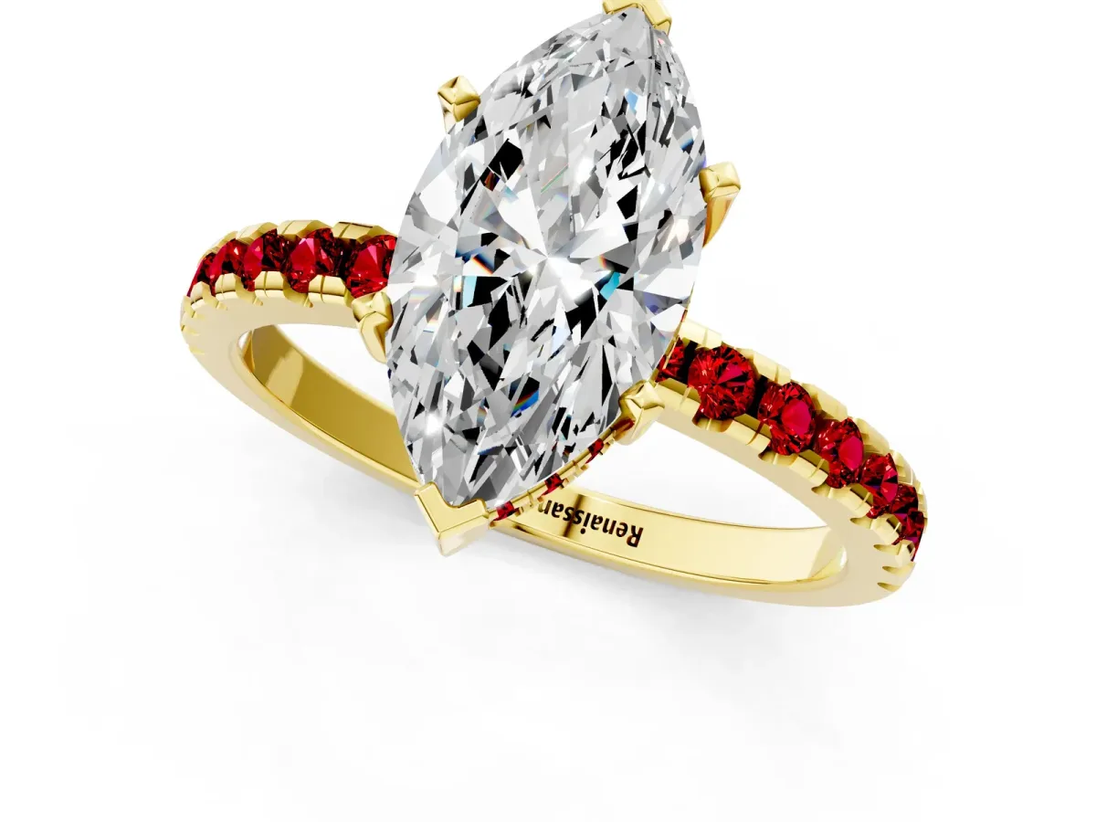 Marquise Cut Diamond Solitaire Ring with Round Ruby Pavé Band and Four-Prong Setting Yellow gold