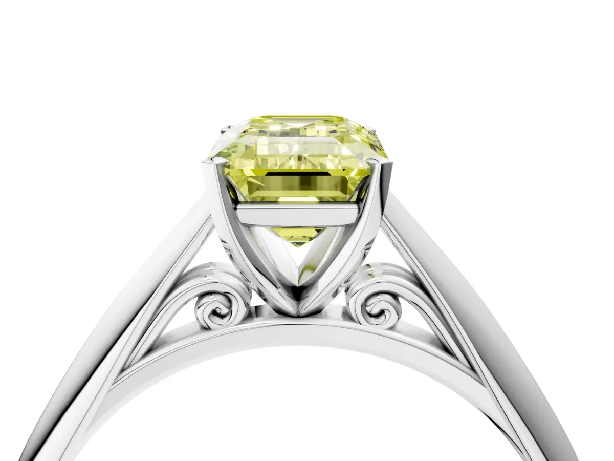 Fancy Yellow Emerald Cut Diamond Solitaire Engagement Ring with Cathedral Setting and Four-Prong Mount White gold