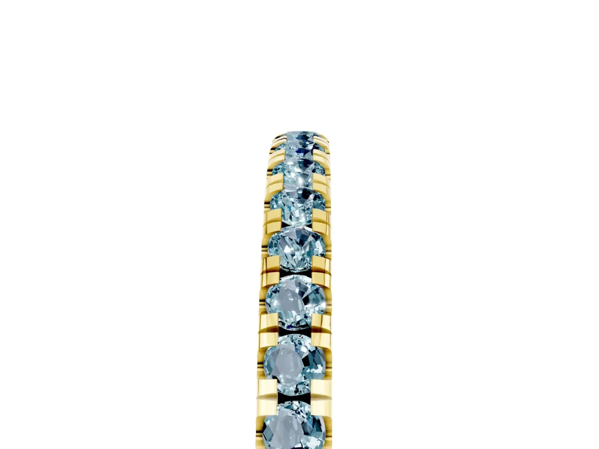 Pavé Round Aquamarine Half Eternity Band with Shared Prong Setting Yellow gold