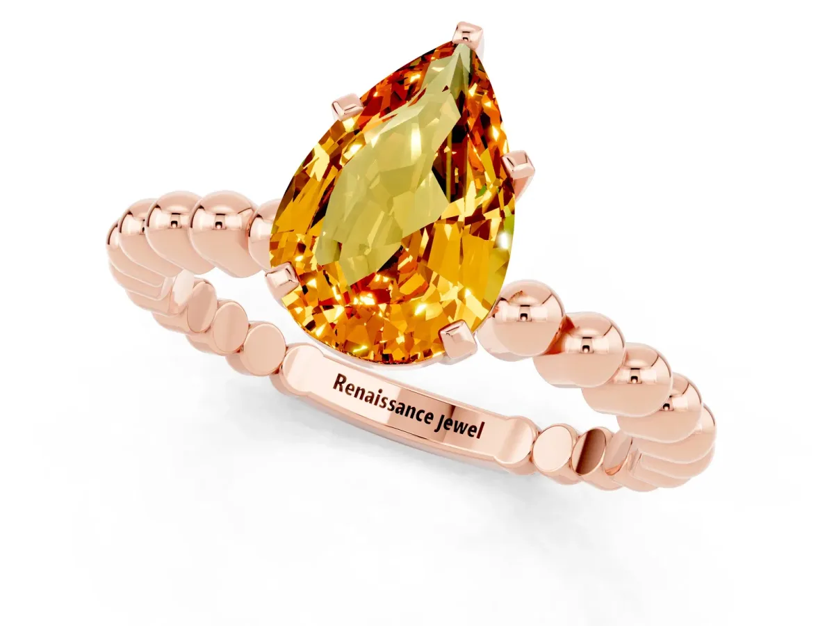 Pear Cut Citrine Solitaire Ring with Beaded Band and Prong Setting Rose gold