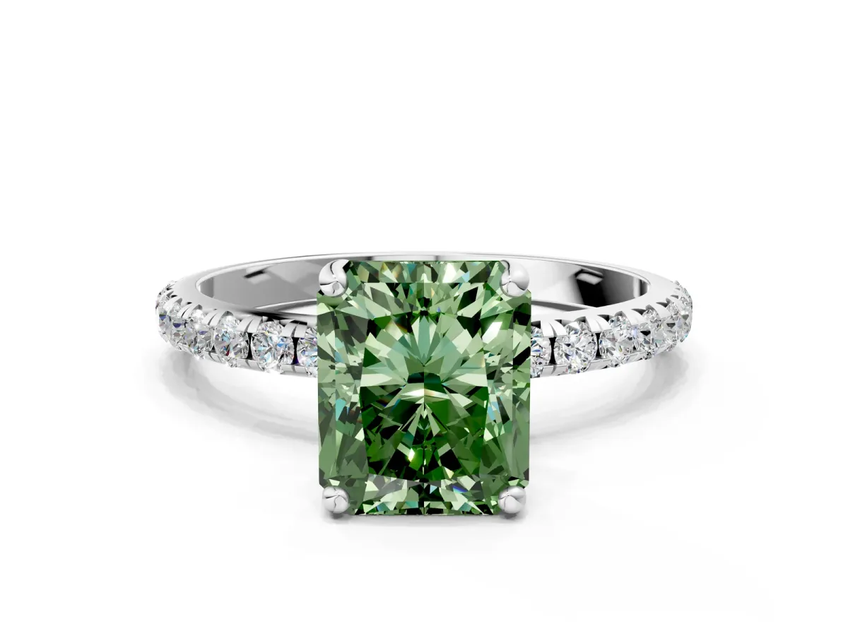 Fancy Green Radiant Cut Cut Diamond Solitaire Ring with Micro Pave Band and Four Prong Setting Platinum