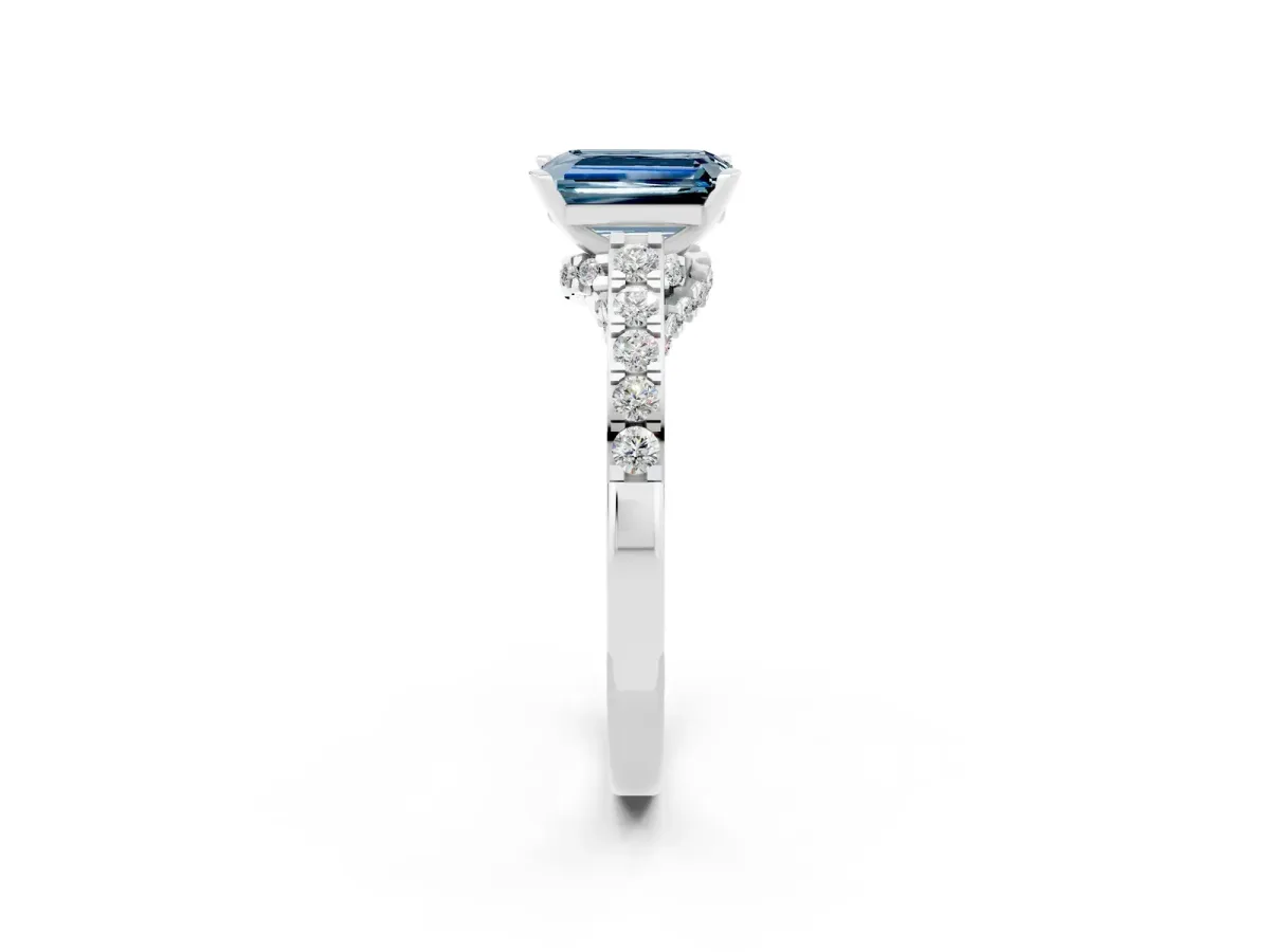 Emerald Cut Aquamarine Solitaire Ring with Crossover Gallery and Round Pavé Band Silver