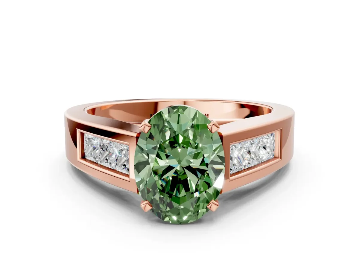 Fancy Green Oval Cut Cut Channel Set Solitaire Ring with Four-Prong Setting Rose gold