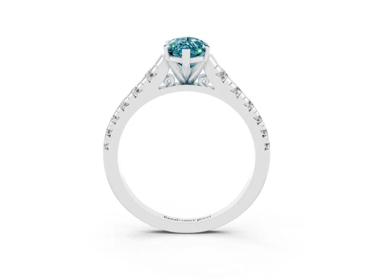 Marquise Cut Blue Topaz Cathedral Solitaire Ring with Round Pavé Band Silver