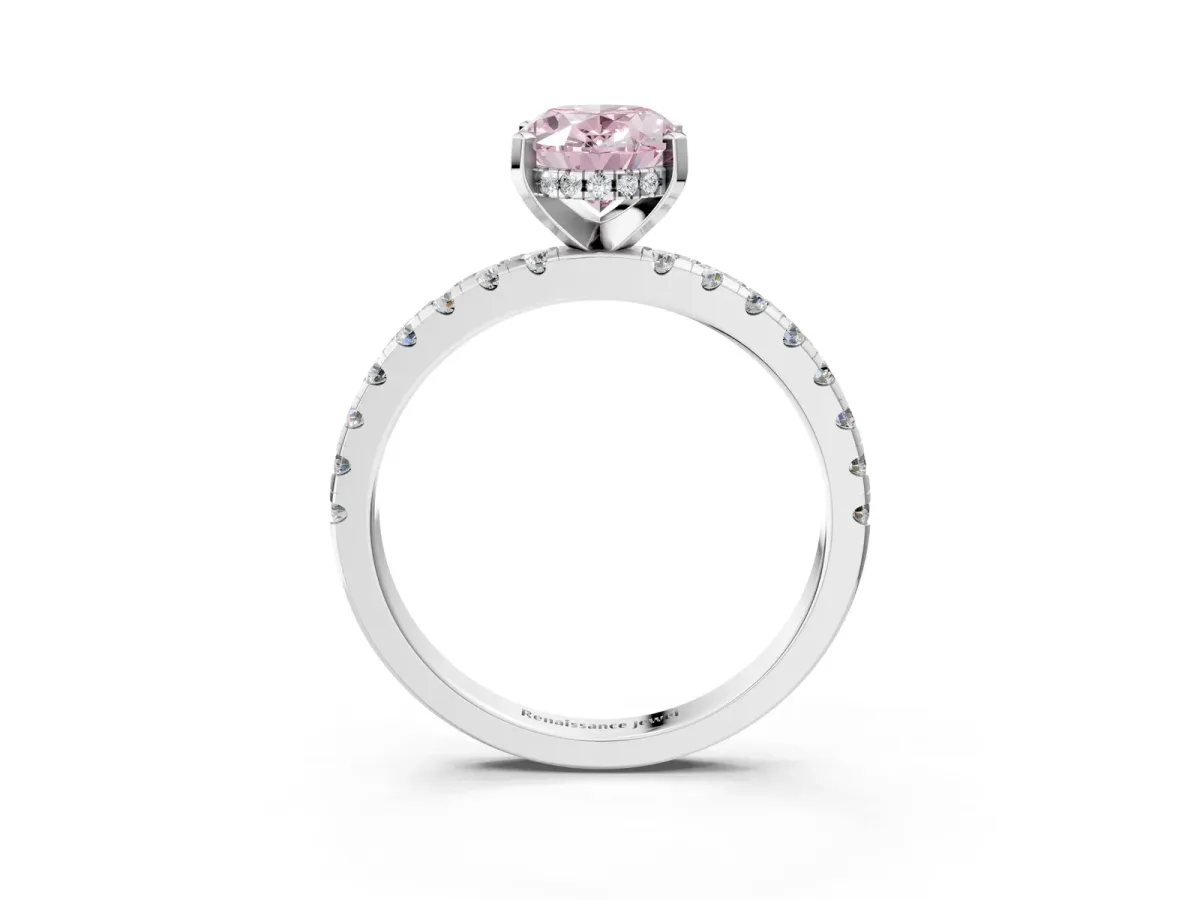 Fancy Pink Oval Cut Diamond Solitaire Ring with Round Pavé Band and Four-Prong Setting Silver