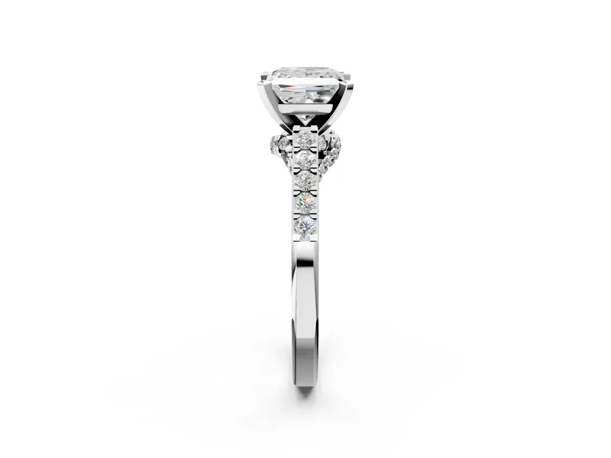 Princess Cut Diamond Solitaire Ring with Crossover Gallery and Round Pavé Band Silver
