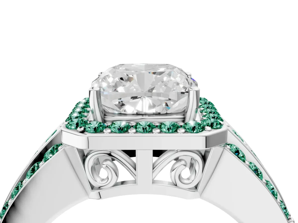 Cushion Cut Halo Diamond Ring with Round Green Sapphire Split Shank and Prong Setting Silver